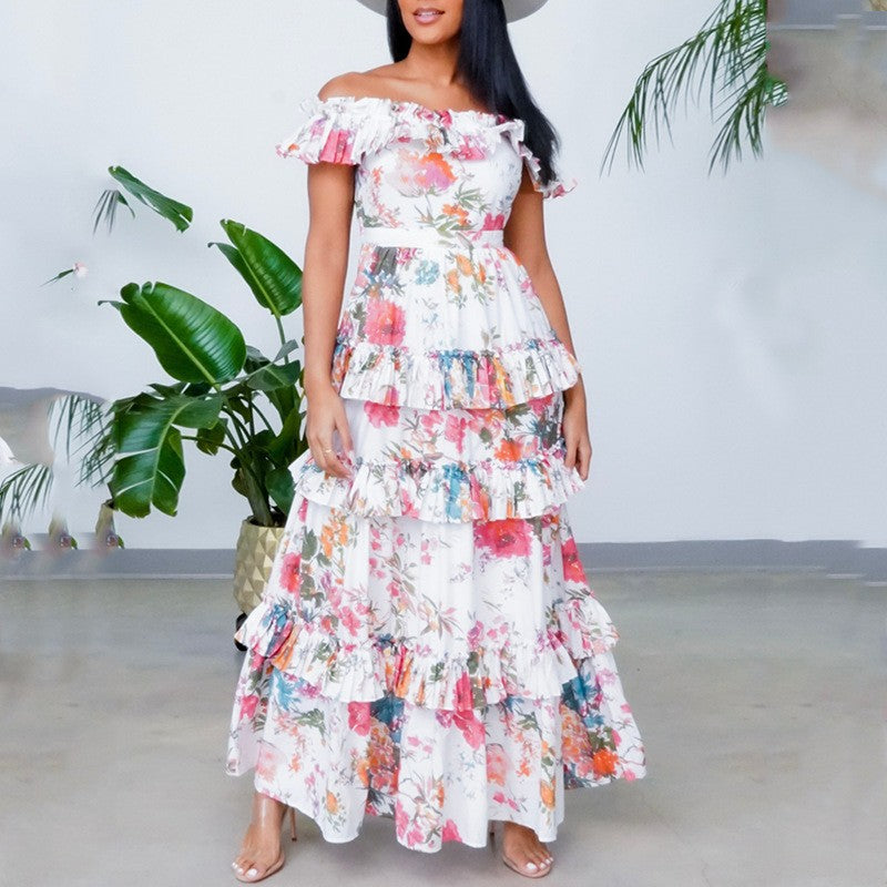 Women Summer round Neck Long Sleeve Printed Ruffled Maxi Dress Vacation Dress for Women by Ragazza
