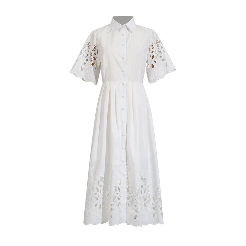 Personalized Embroidered Retro Dress Summer Polo Collar Half Sleeve Hollow Out Cutout Single Breasted Dress by Ragazza