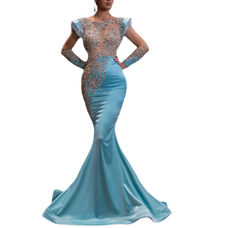 Daily Light Blue Fishtail Banquet Long Alluvial Gold Series Slimming Annual Party Evening Dress Women by Ragazza