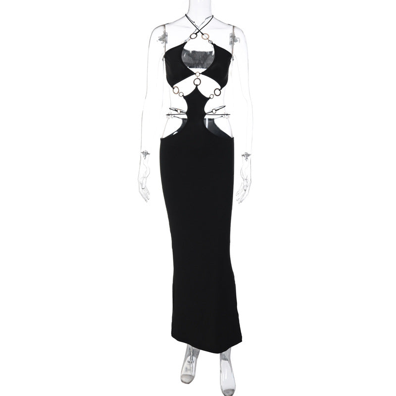 Women Clothing Summer Sexy Low Cut Ring Stitching Halter Spaghetti Straps Backless Slit Dress by Ragazza