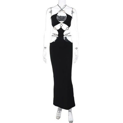 Women Clothing Summer Sexy Low Cut Ring Stitching Halter Spaghetti Straps Backless Slit Dress by Ragazza