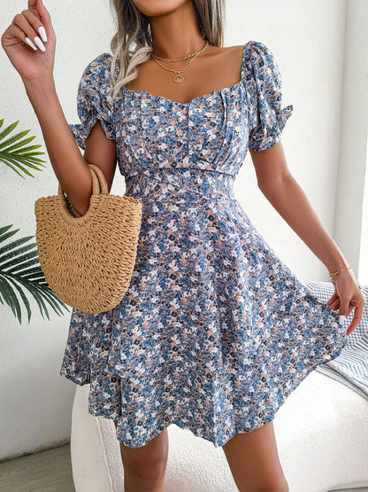 Spring Summer Elegant Floral Lace-up Waist-Controlled Large Hem Dress Women Clothing by Ragazza