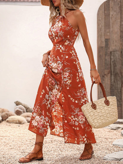 Women Clothing Japanese Summer High Waist Print Dress Vacation Split Halter Maxi Dress by Ragazza