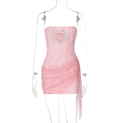 Women Clothing Rhinestone Hollow Out Cutout out Love Sexy Tube Top Stitching Lace Sheath Dress by Ragazza