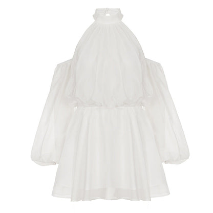 French Elegant Socialite off Shoulder Halter Hollow Out Cutout Backless Dress Fashionable Island Vacation Light Pettiskirt Women  DestGlow