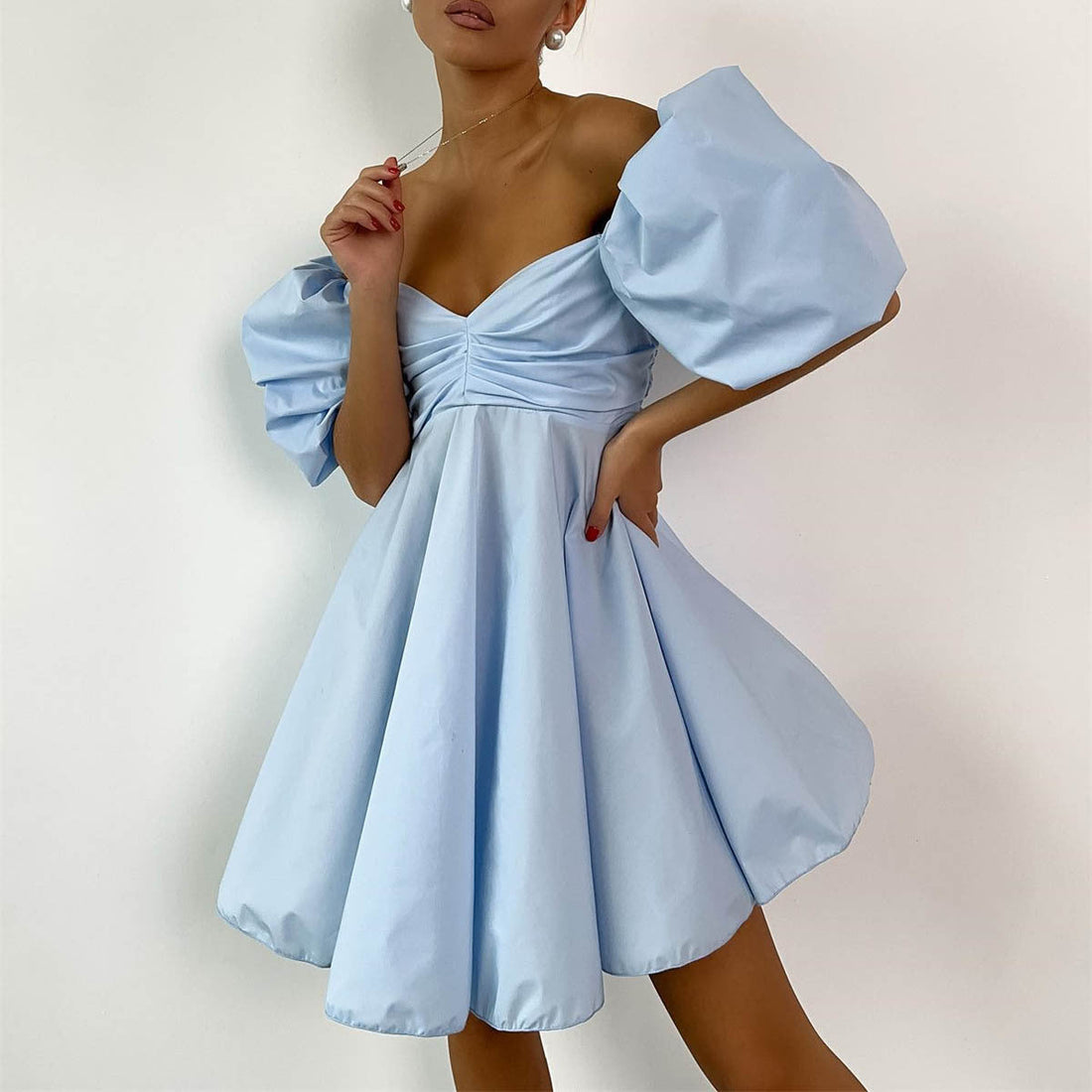 Off Neck Short Dress for Women Summer Puff Sleeve High Waist A line Dress French Princess Dress for Women by Ragazza