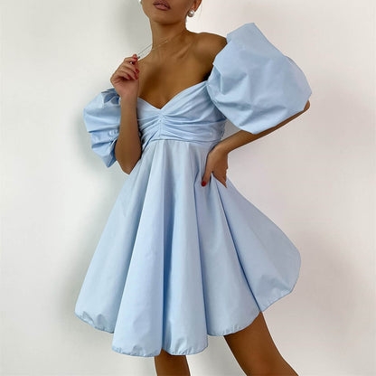 Off Neck Short Dress for Women Summer Puff Sleeve High Waist A line Dress French Princess Dress for Women by Ragazza