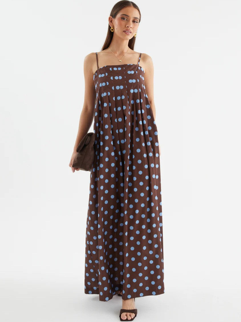 Summer Polka Dot Printed Pleated Craft Sweet Spaghetti Strap Mid Length Dress by Ragazza