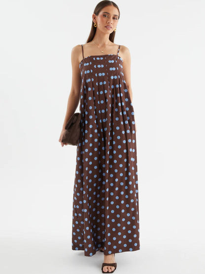 Summer Polka Dot Printed Pleated Craft Sweet Spaghetti Strap Mid Length Dress by Ragazza