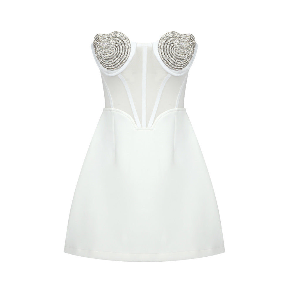 Sexy Peach Heart Drilling a Swing Strapless Dress Autumn Mesh See through Backless Dress by Ragazza