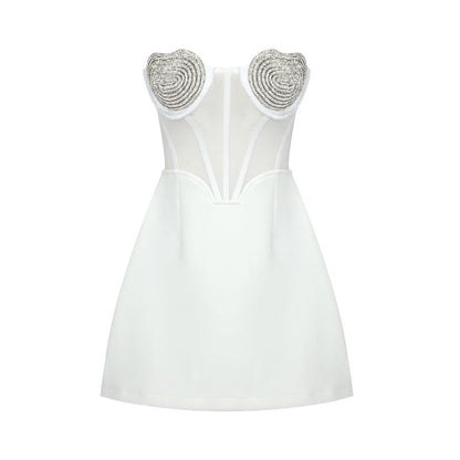 Sexy Peach Heart Drilling a Swing Strapless Dress Autumn Mesh See through Backless Dress by Ragazza