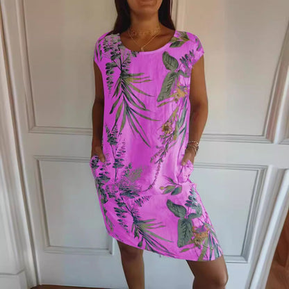 Women Clothing Summer Cotton Linen round Neck Printed with Pocket by Ragazza