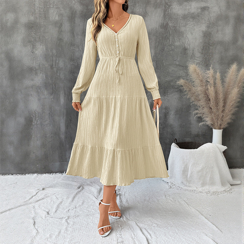 Autumn Elegant Long Sleeve Pleated V neck Solid Color Dress by Ragazza