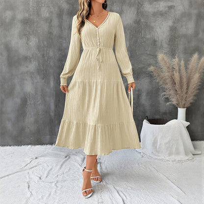 Autumn Elegant Long Sleeve Pleated V neck Solid Color Dress by Ragazza