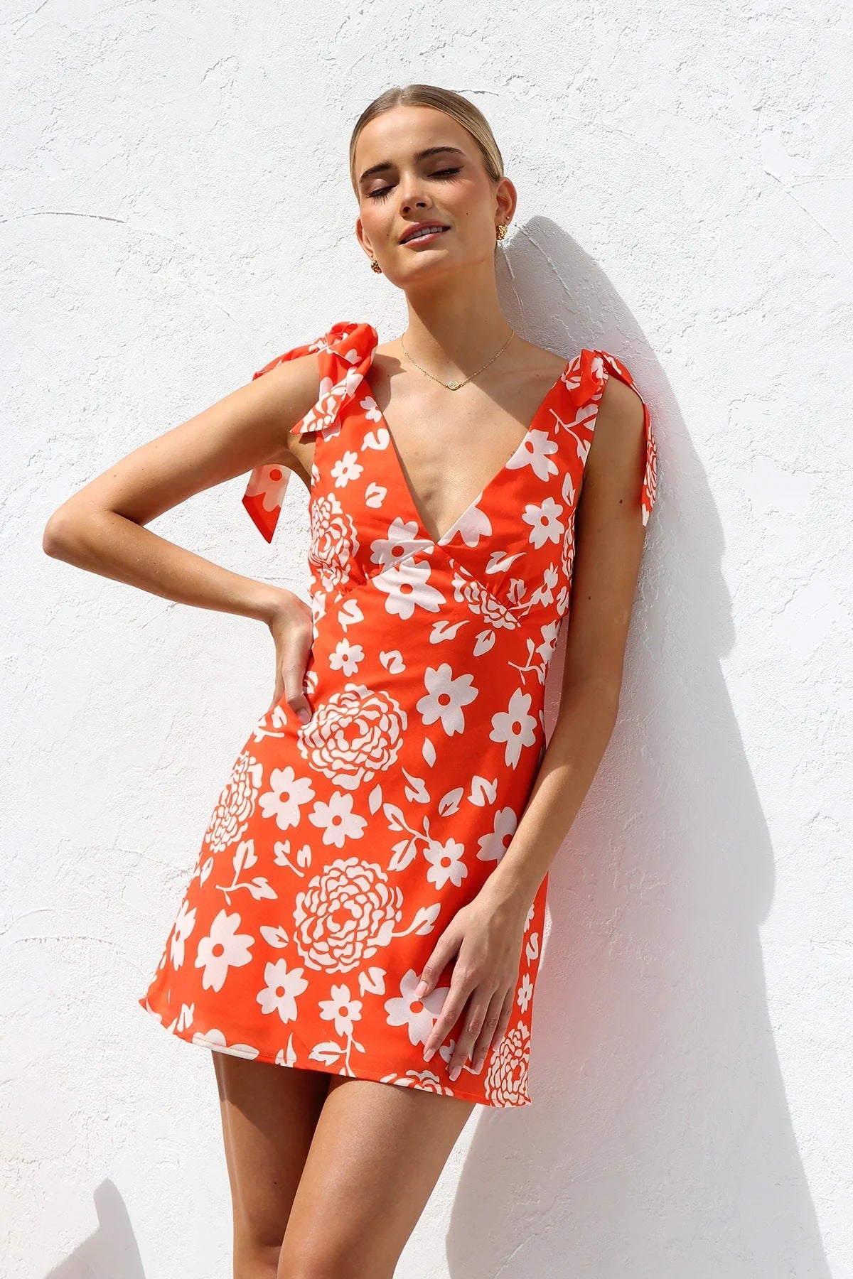 Summer Dress Printed V neck Lace up Mini Sling Dress by Ragazza