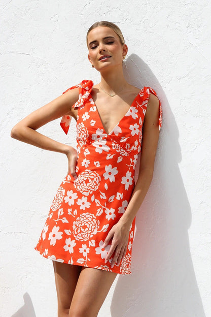 Summer Dress Printed V neck Lace up Mini Sling Dress by Ragazza