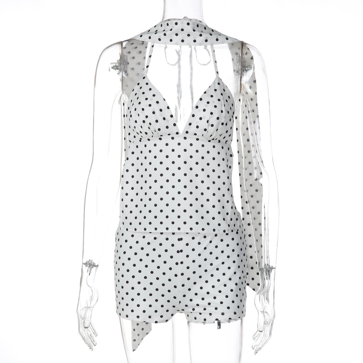 Women Clothing Winter Sexy Polka Dot Self Tie Vest Backless Slim Fit Shorts Two Piece Set by Ragazza