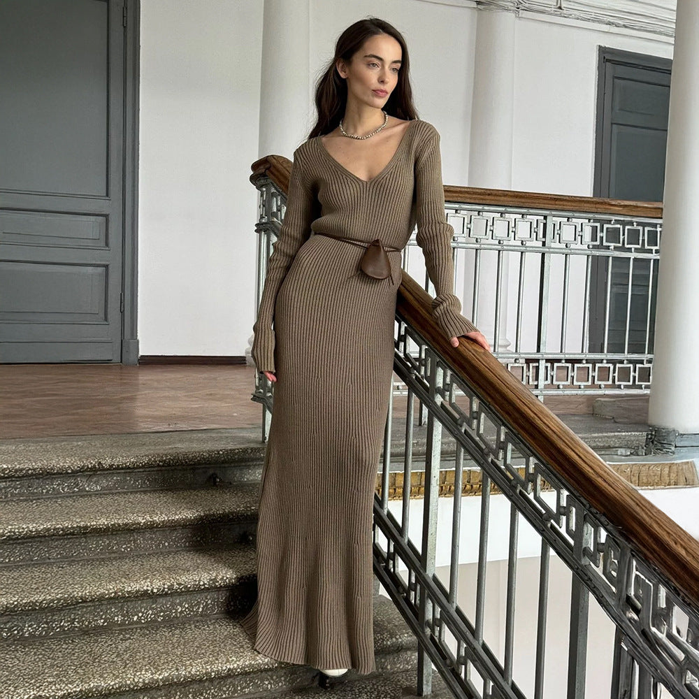 Solid Color Long Sleeve Dress Women Autumn Winter Elegant V neck Slim Hip Knitwear Dress by Ragazza