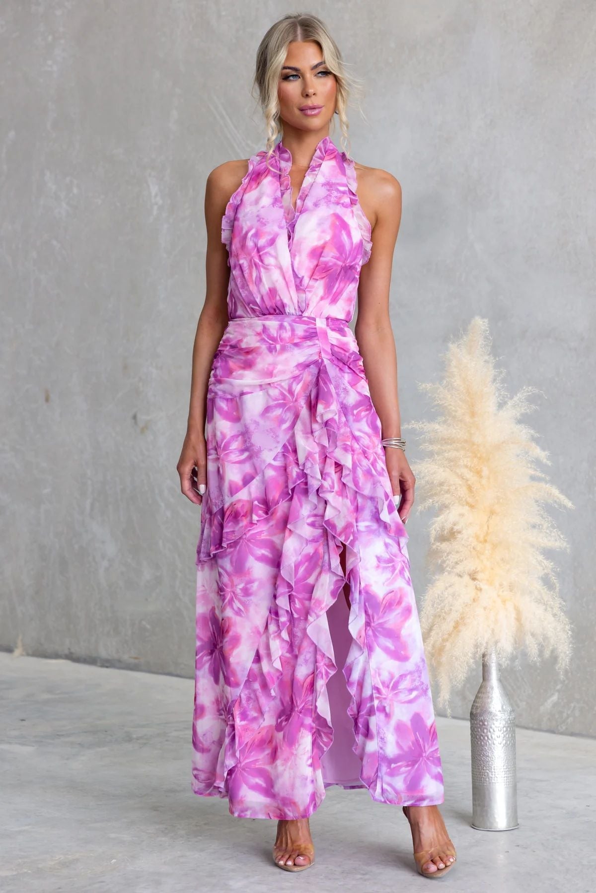 Printed Sexy V neck Backless Halter Fashionable Stringy Selvedge Dress by Ragazza