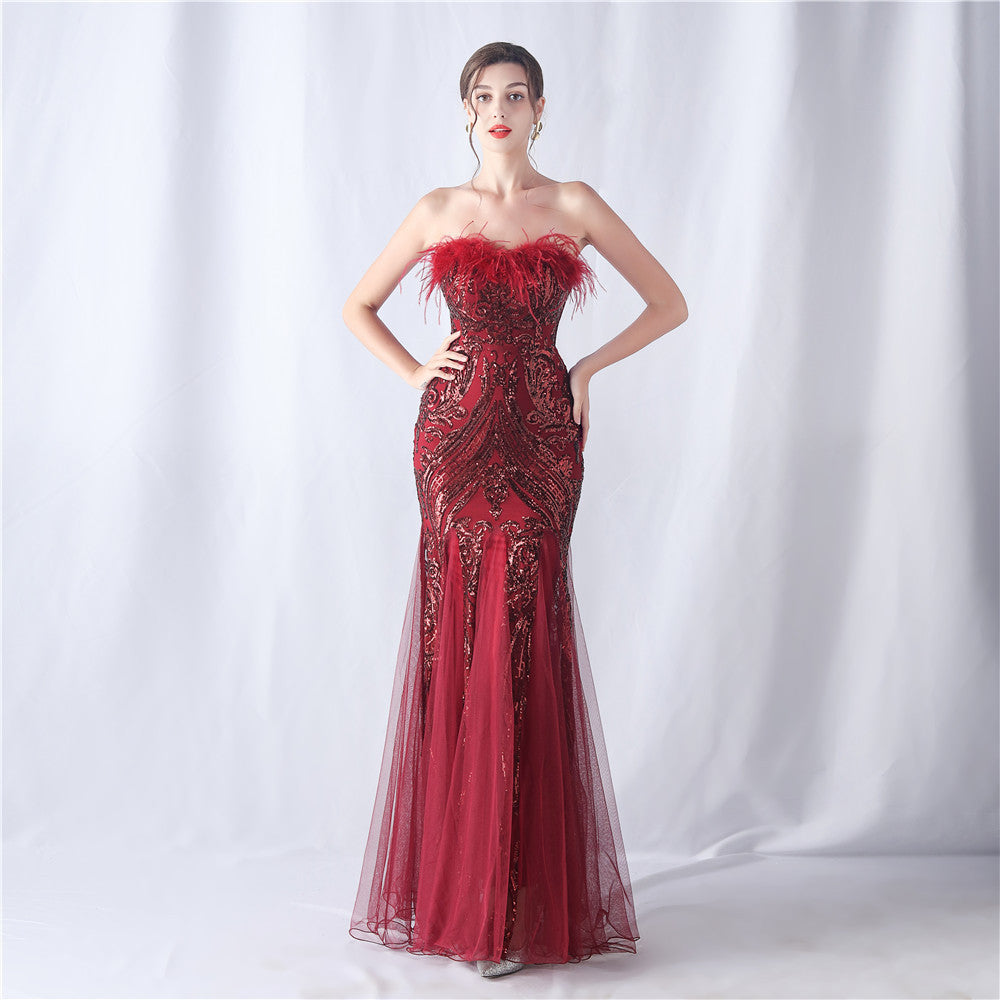 Ostrich Feather Positioning Floral Cutting Wedding Annual Meeting Tube Top Sequin Gauze Evening Dress by Ragazza
