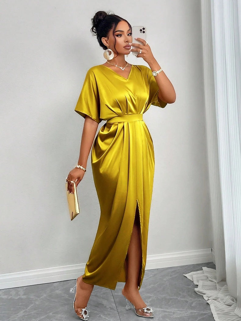 Women Clothing Early Autumn Satin Dress Ball Gown Satin Waist Tight Maxi Dress by Ragazza
