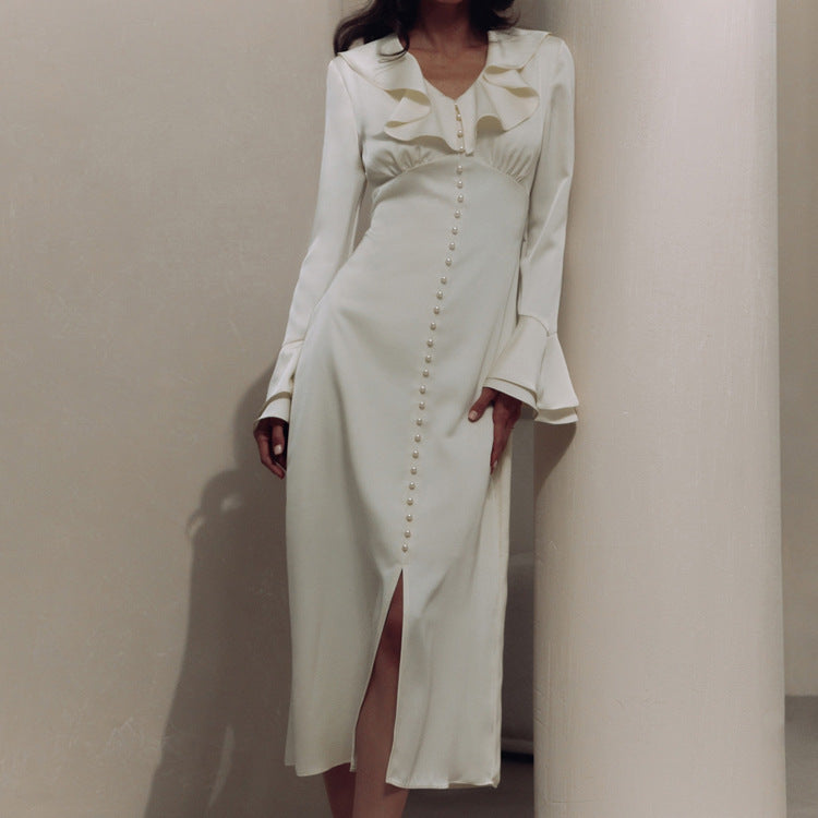 Women Clothing Spring French Ruffled V neck Bell Sleeve Single Breasted Elegant Slim Dress for Women by Ragazza