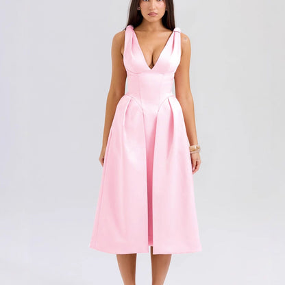 Summer Slim Strap Dress Solid Color V neck Elegant Dress by Ragazza