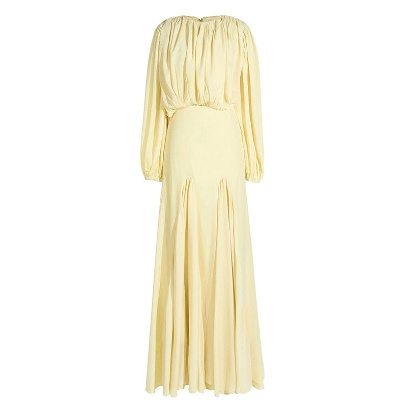 Gentle Dress Dress round Neck High Grade Pleated Patchwork Waist Slimming Maxi Dress  DestGlow