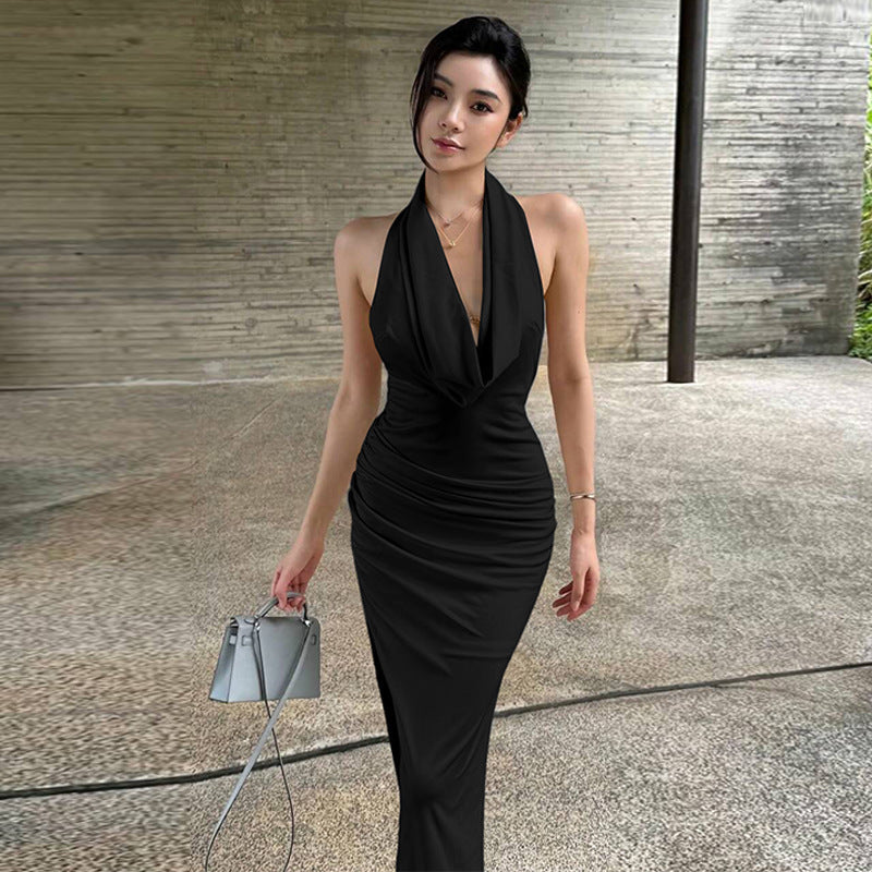 Women Clothing Winter Sexy Backless Pleated Slim Elegant Halter Maxi Dress by Ragazza