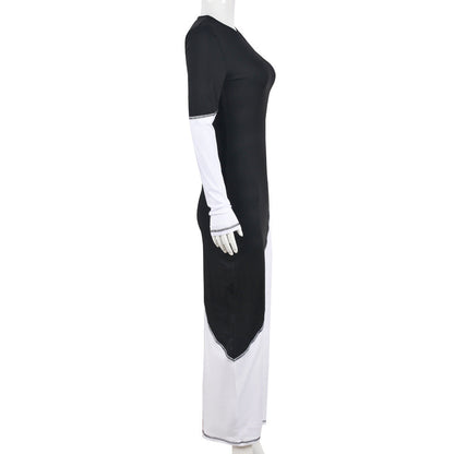 Women Clothing Spring Summer Contrast Color Slim Fit Single Side Long Sleeve Maxi Dress by Ragazza