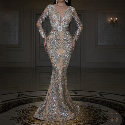 Women Clothing Dress Bronzing Long Sleeve Slim Sexy Fishtail Mopping Evening Dress by Ragazza