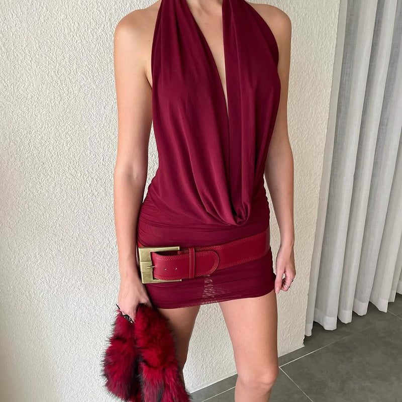Hollowed out Backless Halter Deep V Plunge Hip Matching Mesh Dress Two Piece Set by Ragazza