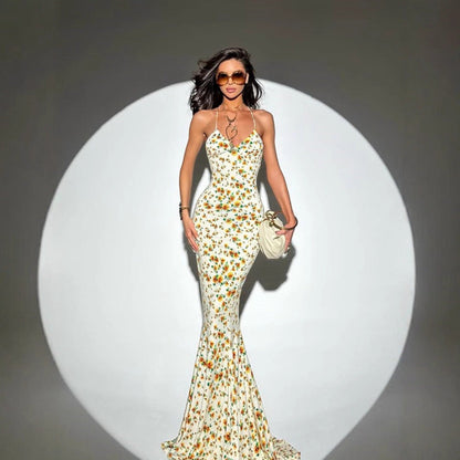 Spring Summer Waist Slimming Elegant Floral Strap Dress Deep V Plunge Vacation by Ragazza