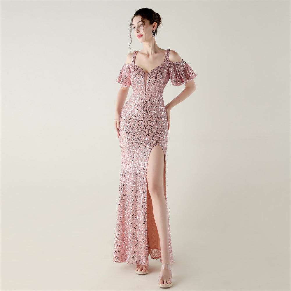 Bead Tube Sequin Heavy Industry Evening Dress Short Sleeve off the Shoulder Deep V Plunge High Slit Fishtail Dress Cocktail Socialite by Ragazza