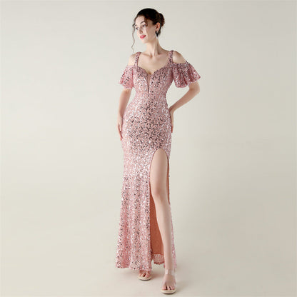 Bead Tube Sequin Heavy Industry Evening Dress Short Sleeve off the Shoulder Deep V Plunge High Slit Fishtail Dress Cocktail Socialite by Ragazza