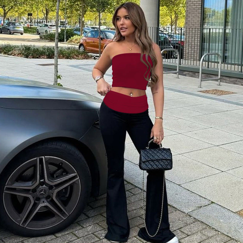 Women Clothing Winter Slim Fit Corset Flared Pants Two Piece Sets Color Contrast Patchwork Women by Ragazza