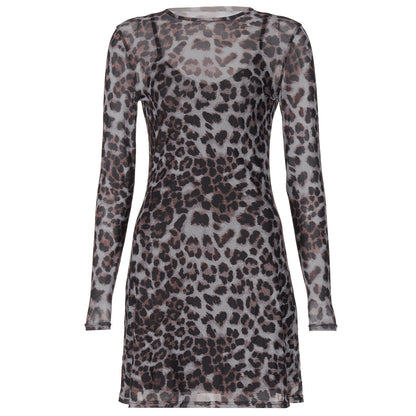 Women Autumn Personality Leopard Print Printed Mesh See through Dress by Ragazza