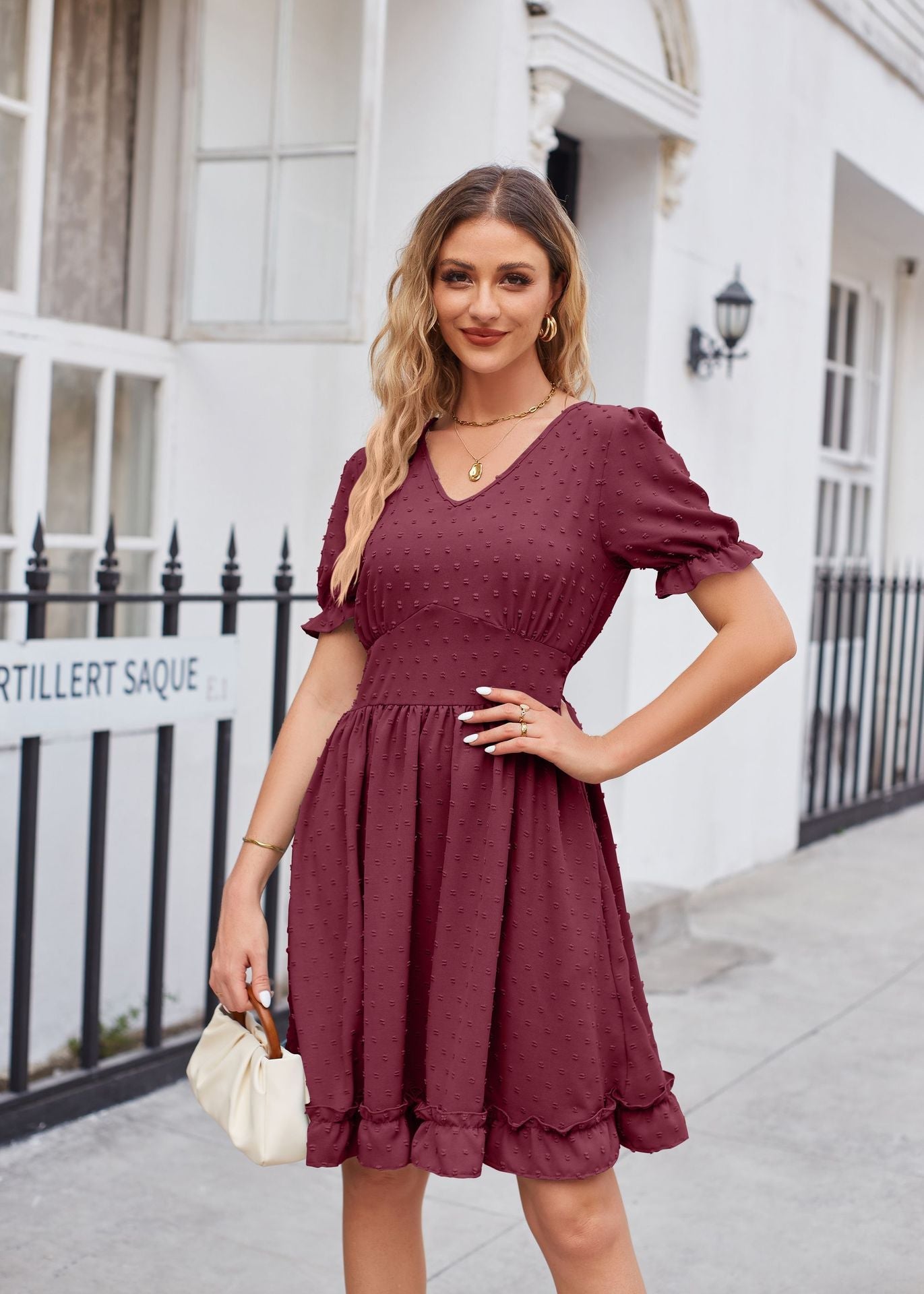 Summer Women Clothing Jacquard V neck Tight Waist Beach Elegant Dress by Ragazza