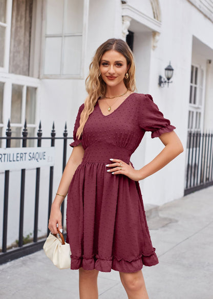 Summer Women Clothing Jacquard V neck Tight Waist Beach Elegant Dress by Ragazza
