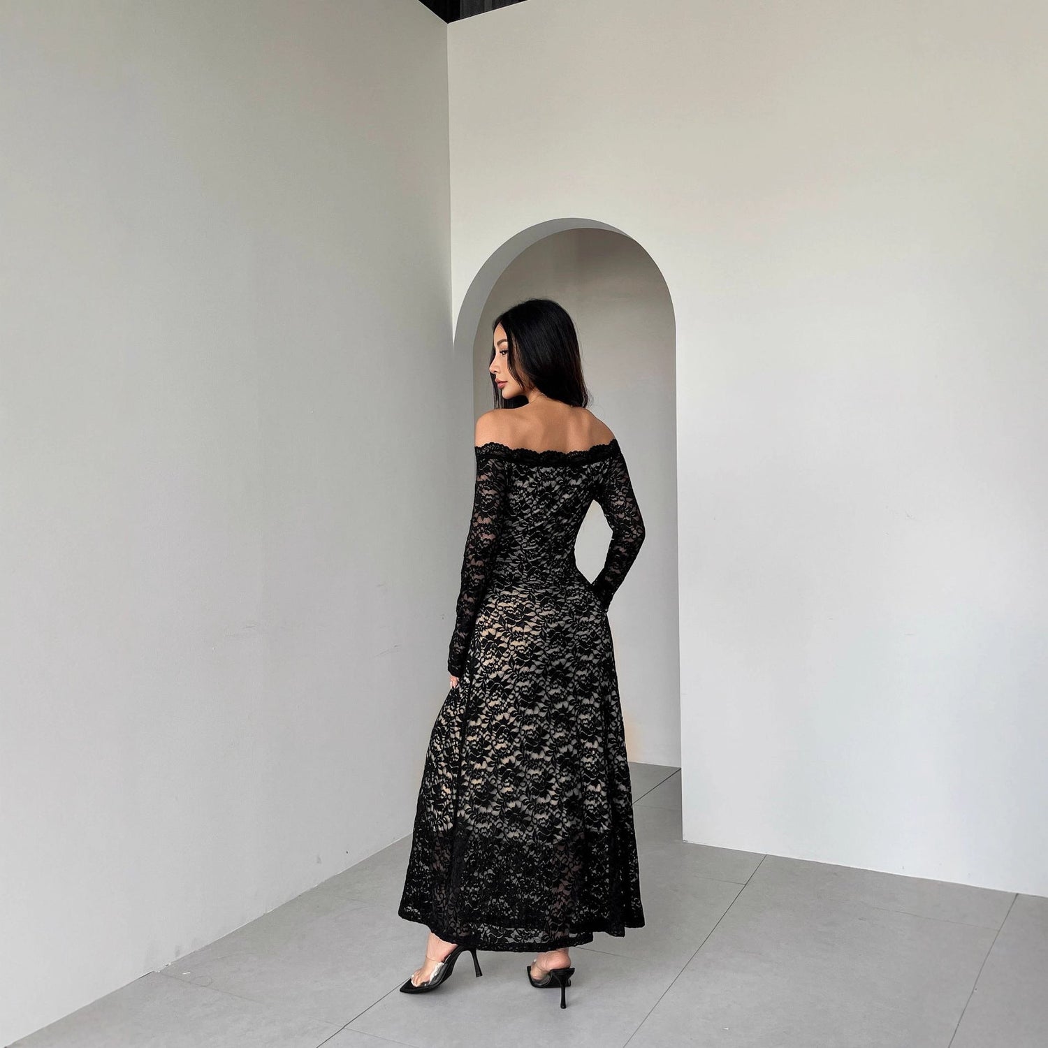 Autumn Winter Long Sleeve Lace off Neck Slim Slimming Maxi Dress Women by Ragazza