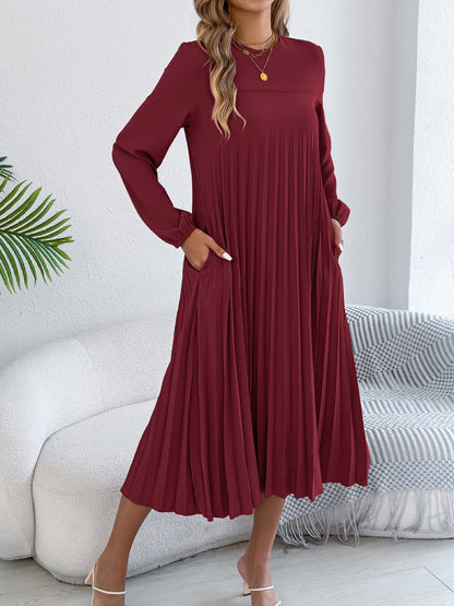 Women Clothing Spring Summer Casual Solid Color Long Sleeve Pocket Pleated Dress（Without Belt） by Ragazza