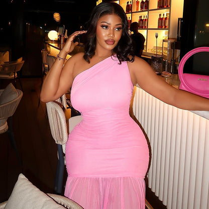 Fresh Solid Color Women Clothing Pleated Waist Tight Asymmetric One Shoulder Oblique Leader Split Length Dress by Ragazza
