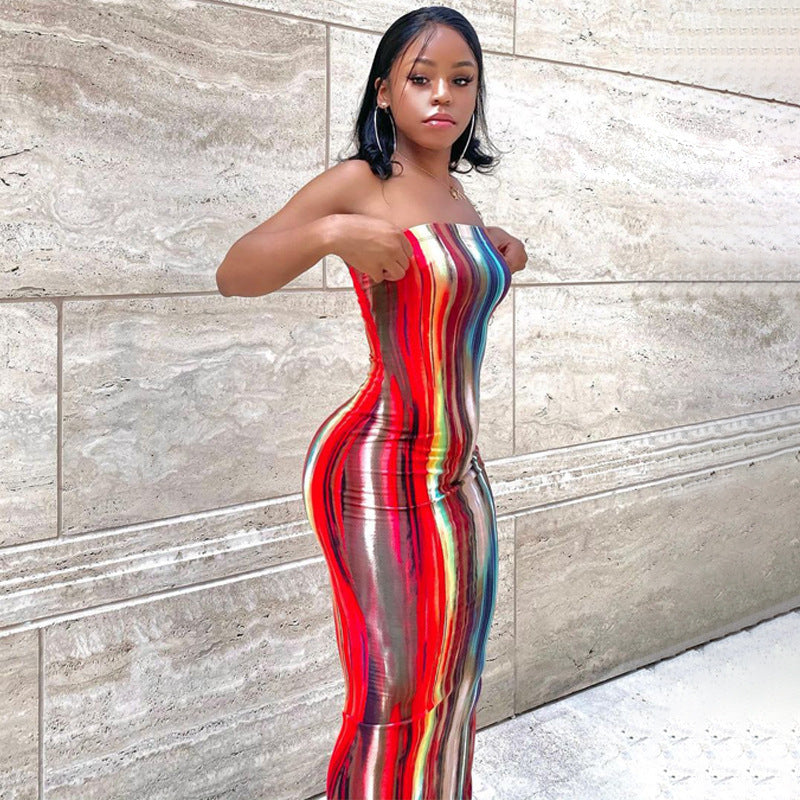 Women Clothing Spring Summer Colorful Tie Dye off Shoulder Tube Top Dress by Ragazza