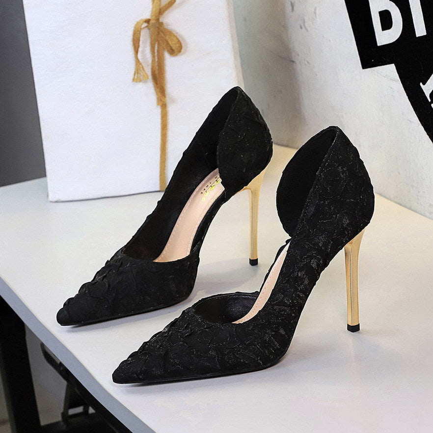 French Pleated Satin Elegant High Heels Women Slip on Evening Dress Pointed Toe Side Empty Pumps Women  DestGlow