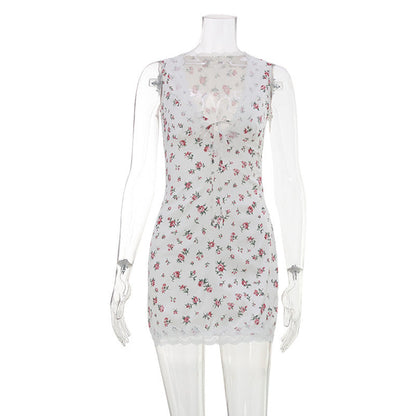 French Romantic Sexy Deep V Plunge Lace up Sleeveless Lace Trim Slim Floral Print Sexy Short Dress for Women  DestGlow
