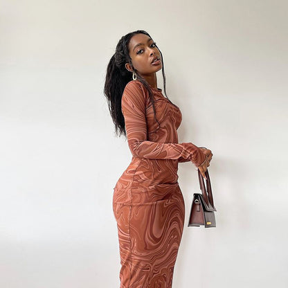 Women Clothing Autumn Winter Print round Neck Long Sleeve Slim Mid Length Dress by Ragazza