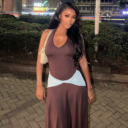 Color Matching Women Pleated Simple Design V neck Halter Waist Tight Maxi Dress  DestGlow