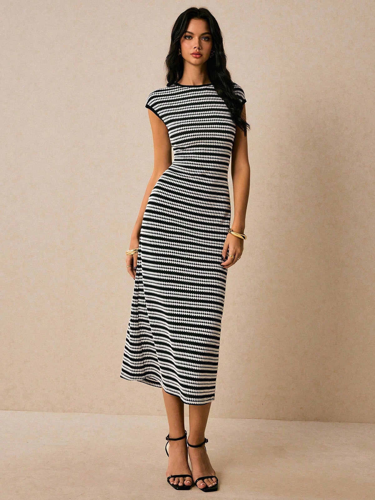 Casual Multicolor Striped Waist round Neck Short Sleeve Long Pattern Women Dress  DestGlow