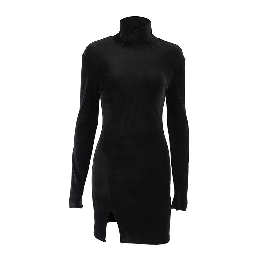 Sexy Slim Fit Silver Fox Velvet Sheath Turtleneck Solid Color Dress Autumn by Ragazza