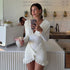 Summer Women Elegant Sexy Solid Color V neck Tight Waist Hip Pleated Long Sleeve Dress  DestGlow